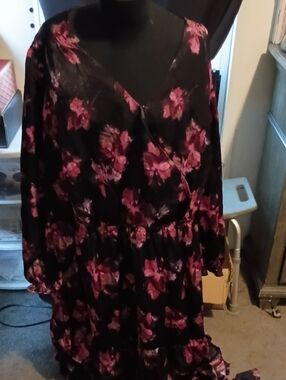 Terra & Sky Black Floral Wrap Dress with Pink Blooms